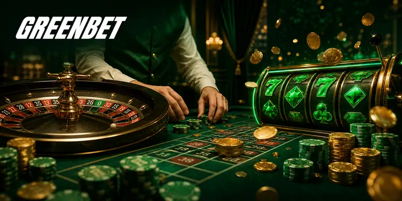 GreenBet Casino live roulette table with dealer, chips and slot reels
