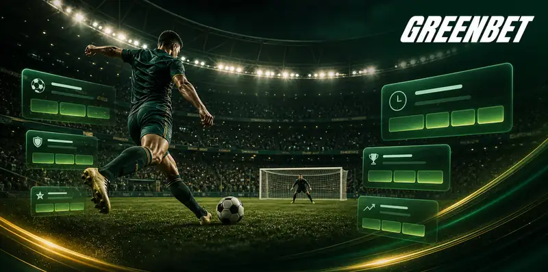 GreenBet sports betting, football stadium with live odds panels